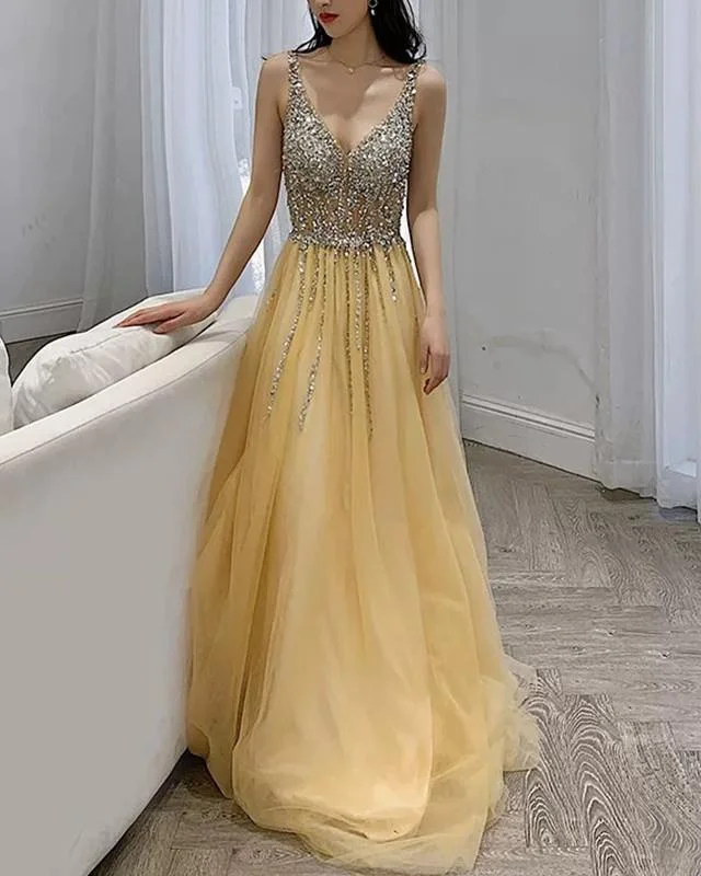 Pale Yellow Prom Dresses Tulle V Neck Sequin Beaded