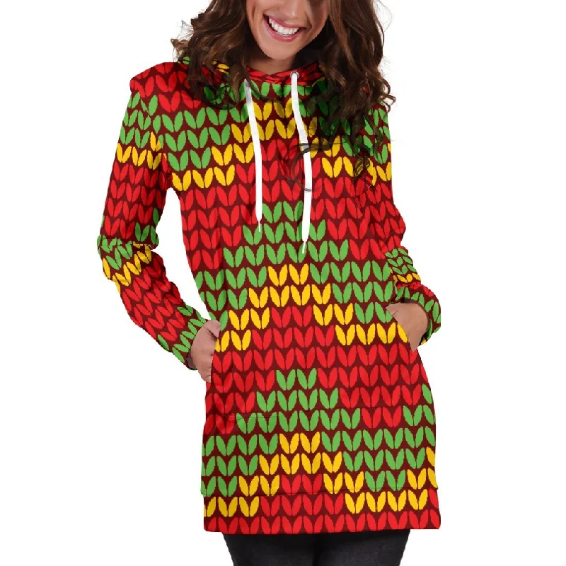 Knitted Reggae Pattern Print Pullover Hoodie Dress Hoodie with Hem Embroidery Detailed Premium Knitted Reggae Pattern Print Pullover Hoodie Dress Hoodie with Hem Embroidery Detailed Premium